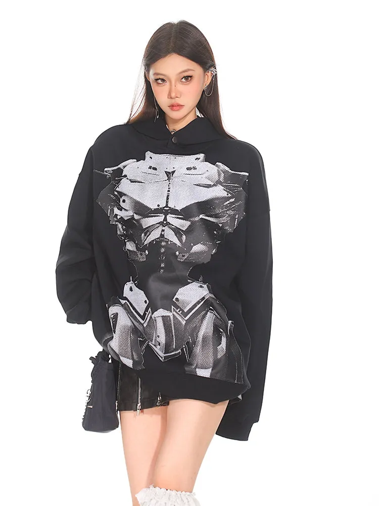 【24s Sep.】Loose Fit Double Face Printed Armored Hoodie