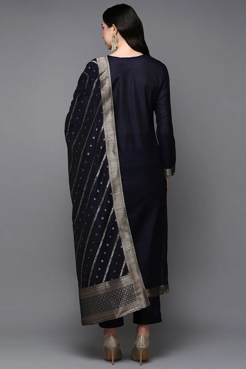 Black Poly Chanderi Floral Straight Suit Set