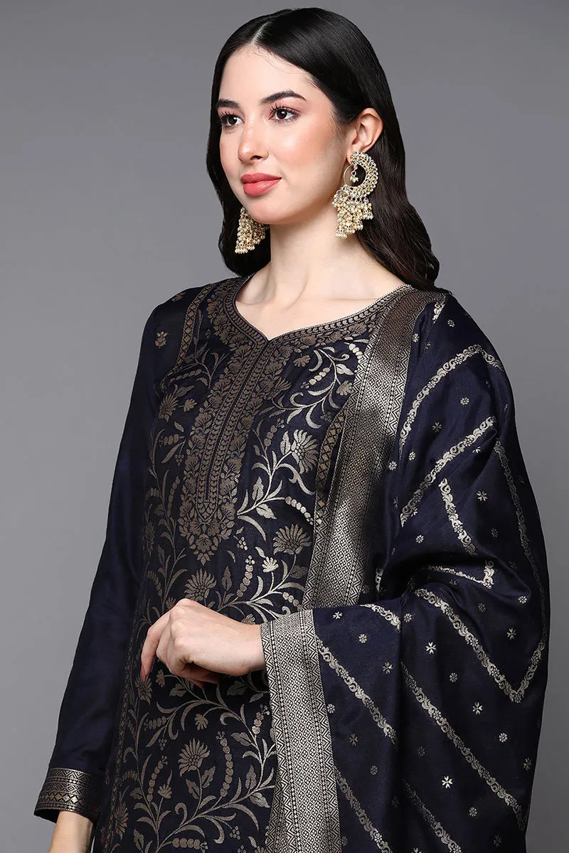 Black Poly Chanderi Floral Straight Suit Set