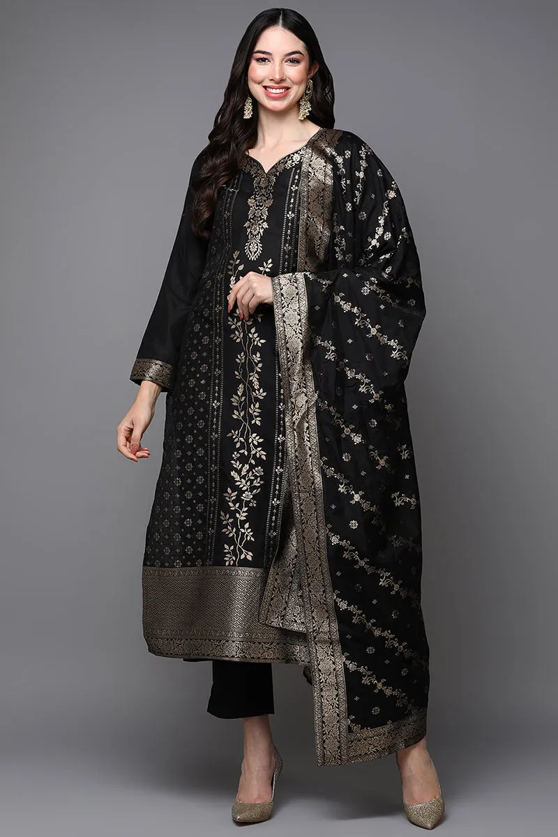 Black Poly Chanderi Floral Straight Suit Set