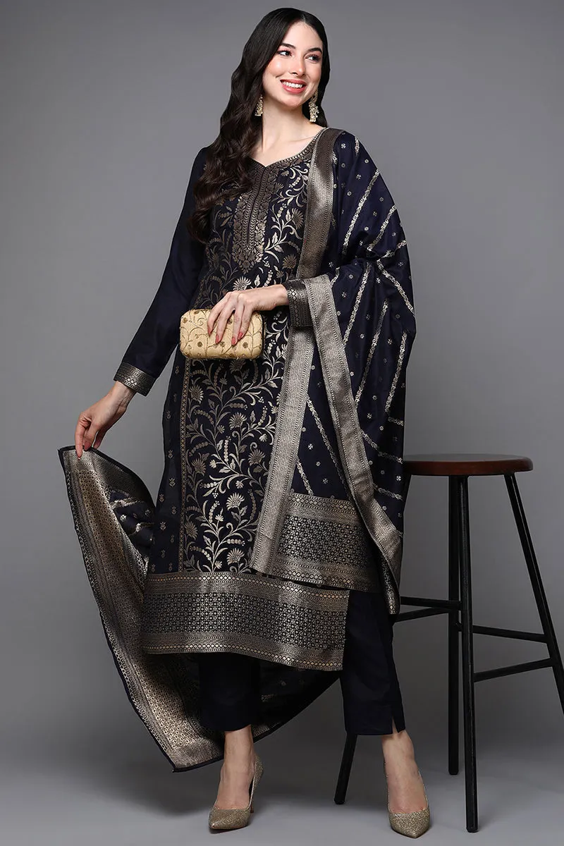Black Poly Chanderi Floral Straight Suit Set