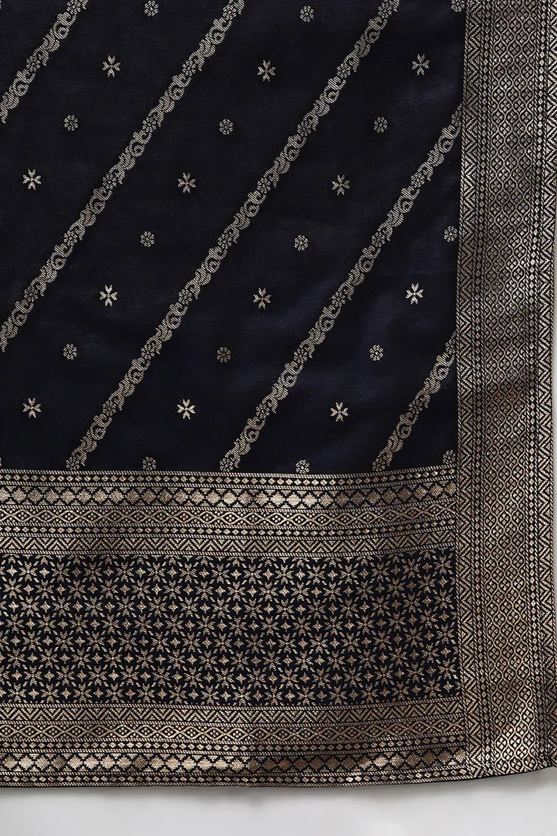 Black Poly Chanderi Floral Straight Suit Set