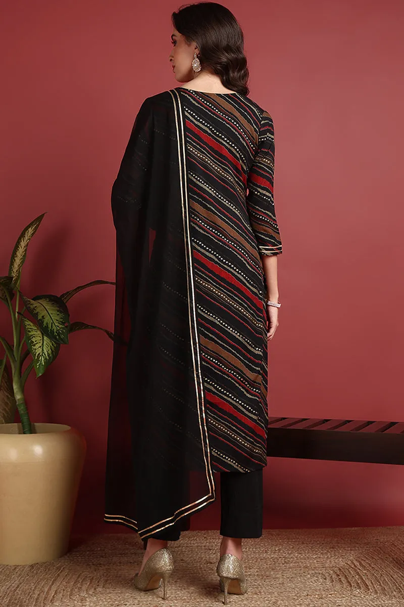 Black Viscose Rayon Leheriya Printed Straight Suit Set