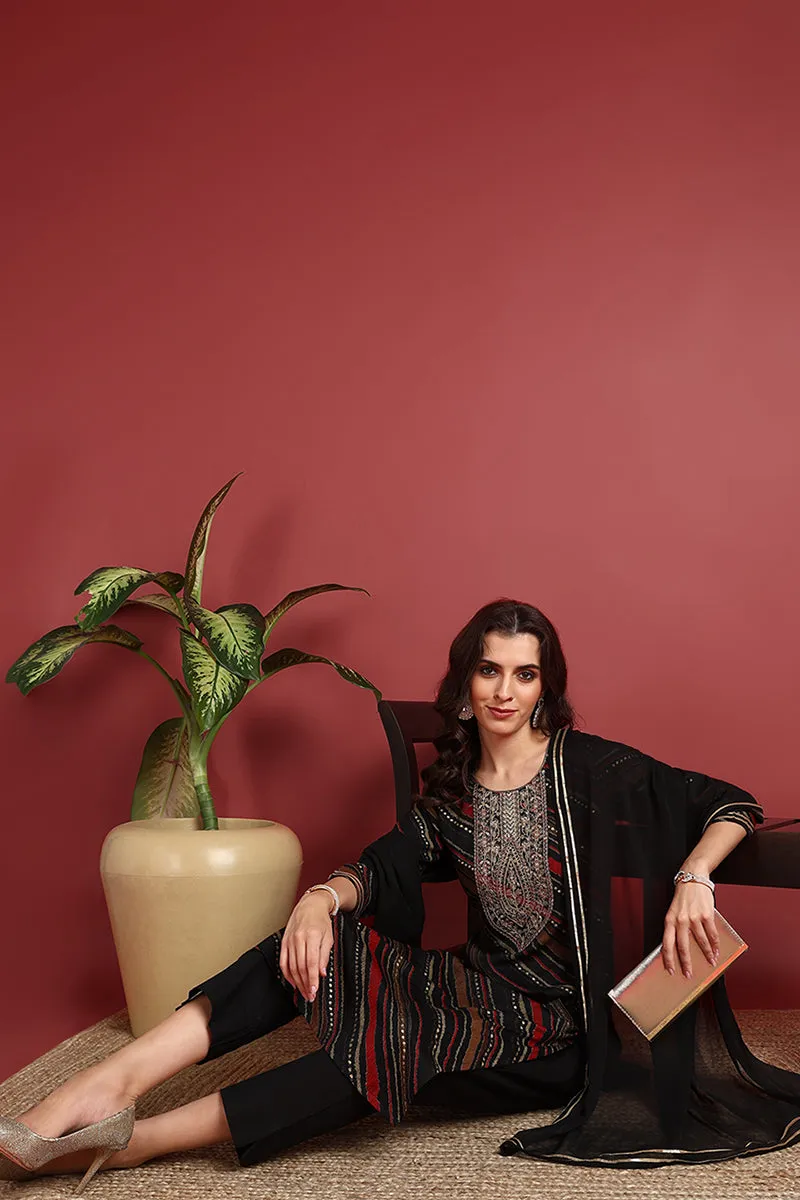 Black Viscose Rayon Leheriya Printed Straight Suit Set
