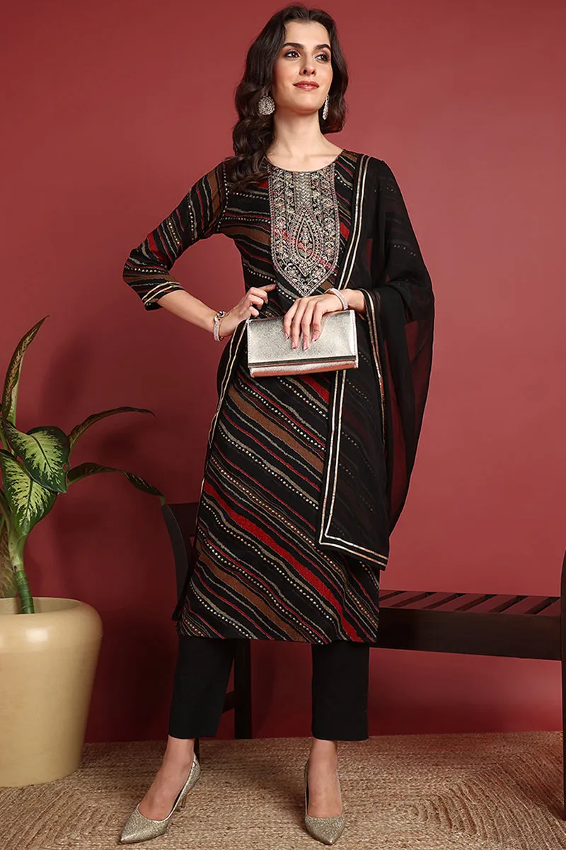 Black Viscose Rayon Leheriya Printed Straight Suit Set
