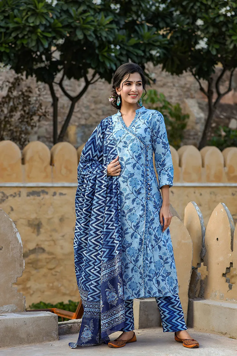 Blue Cotton Angrakha Suit Set