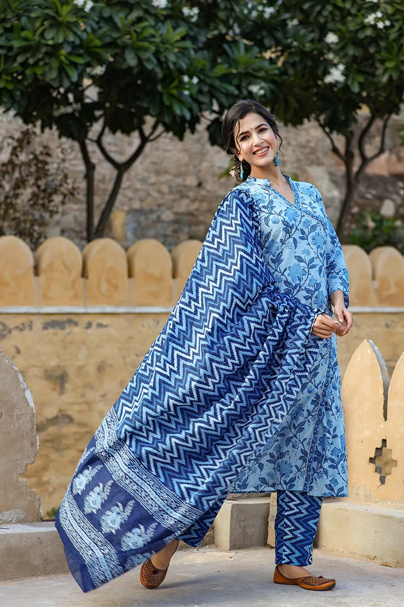 Blue Cotton Angrakha Suit Set