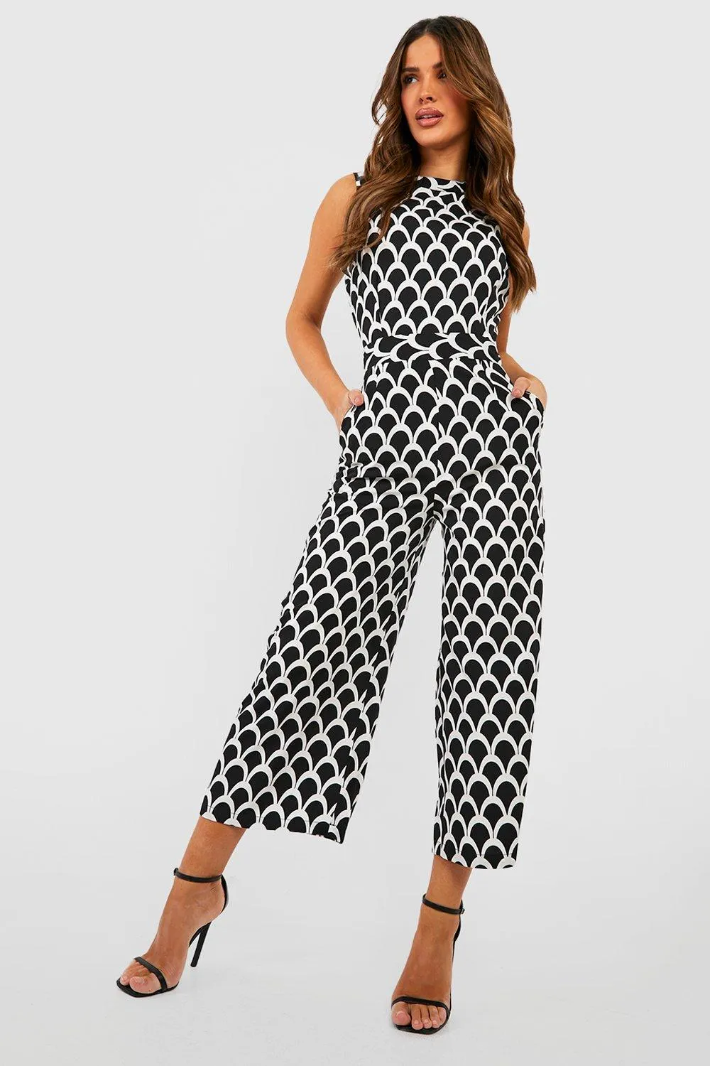 Boohoo Geo Print Turtleneck Jumpsuit, Black