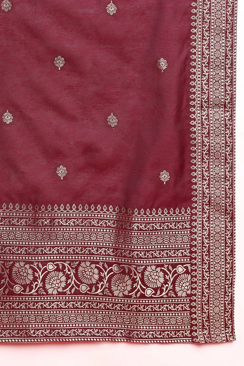 Burgundy Silk Blend Ethnic Motifs Woven Design Straight Suit Set