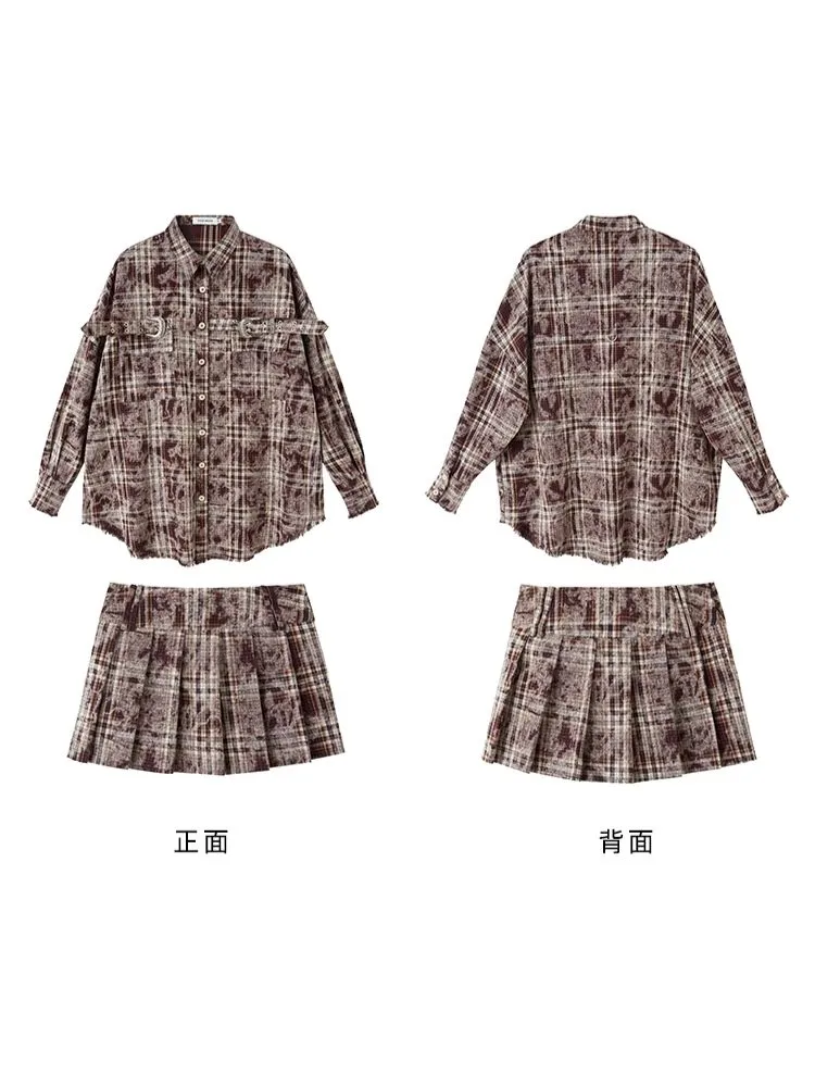 Contrast plaid shirt   pleated skirt【s0000003967】