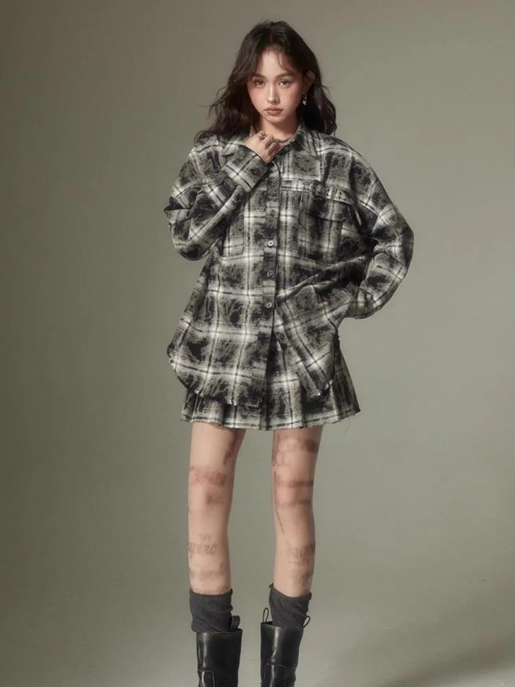 Contrast plaid shirt   pleated skirt【s0000003967】