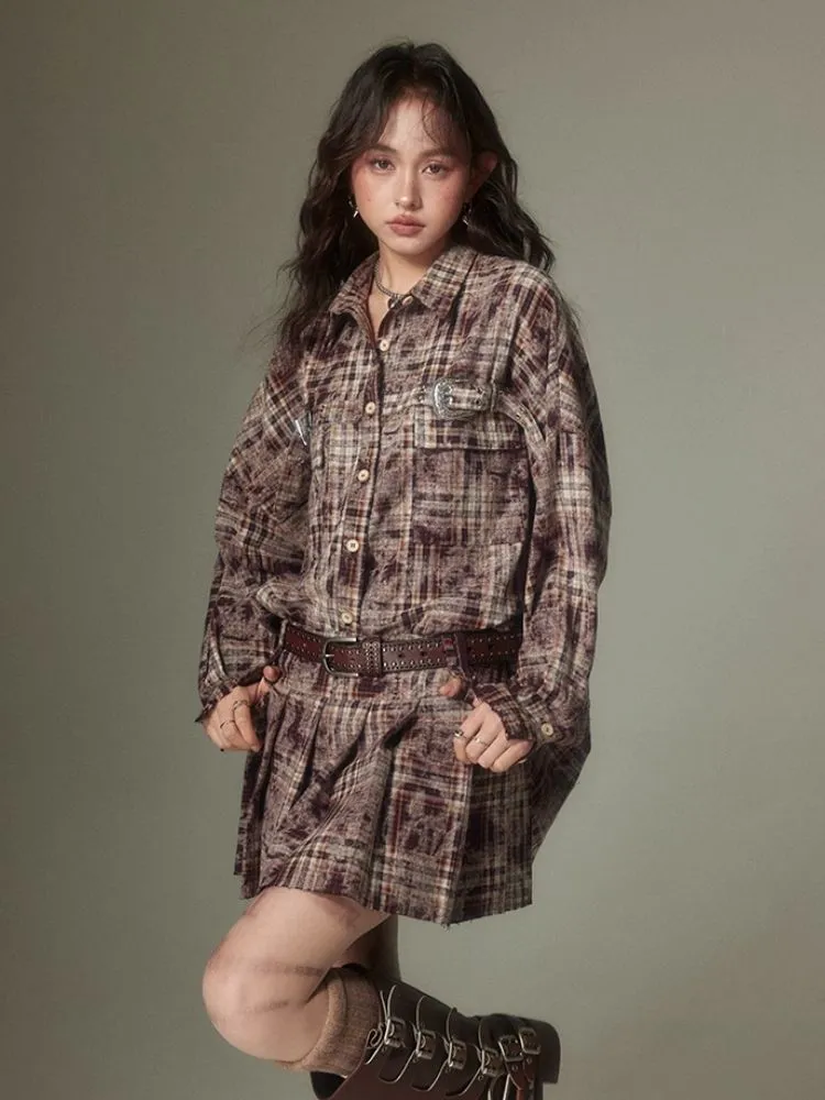 Contrast plaid shirt   pleated skirt【s0000003967】
