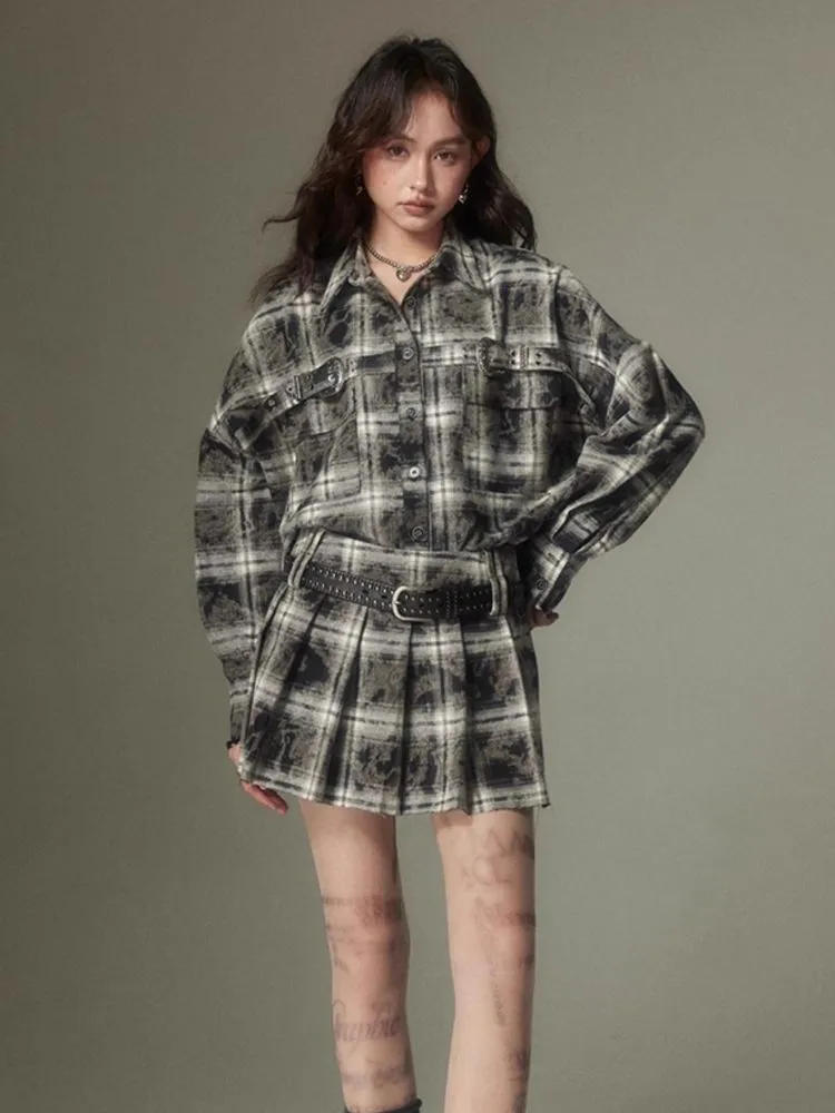 Contrast plaid shirt   pleated skirt【s0000003967】