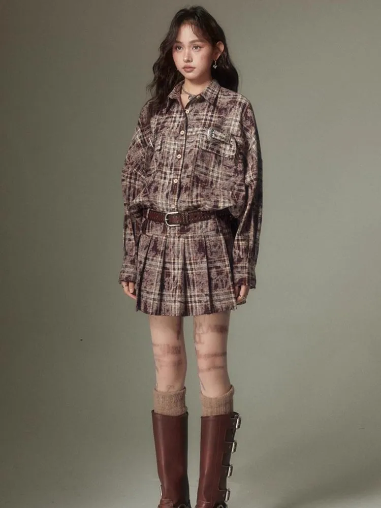Contrast plaid shirt   pleated skirt【s0000003967】