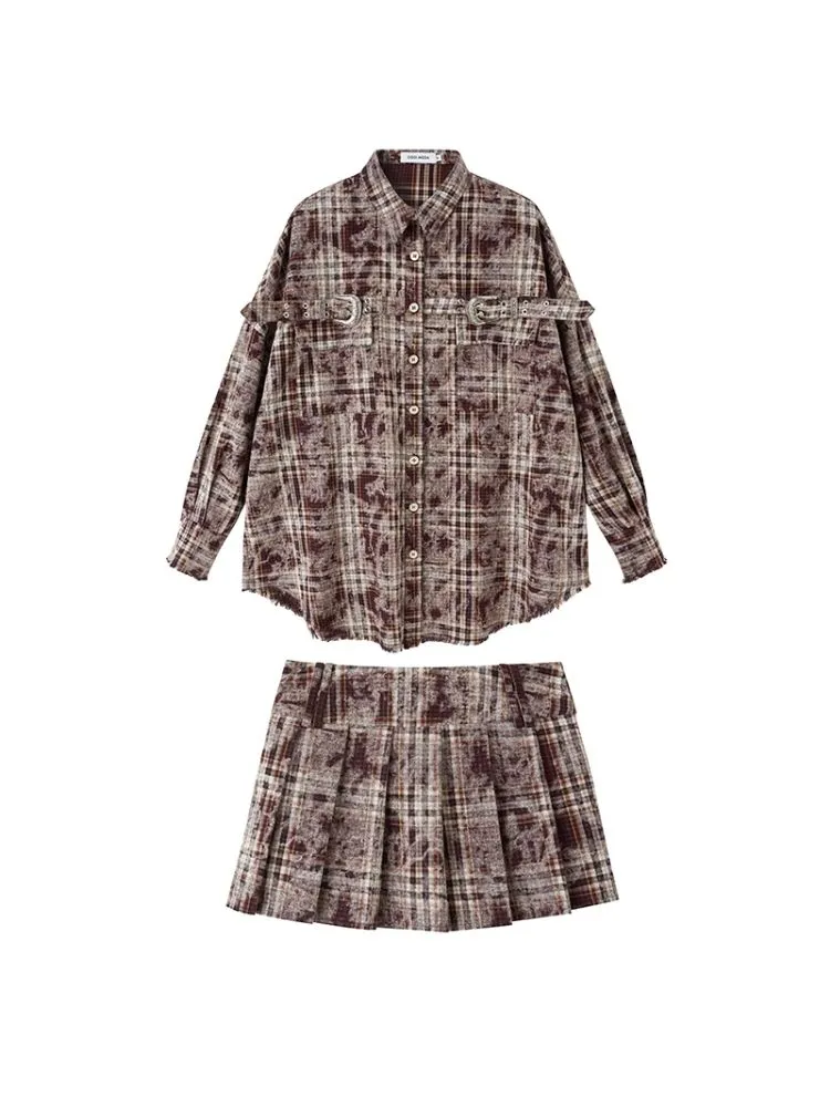 Contrast plaid shirt   pleated skirt【s0000003967】