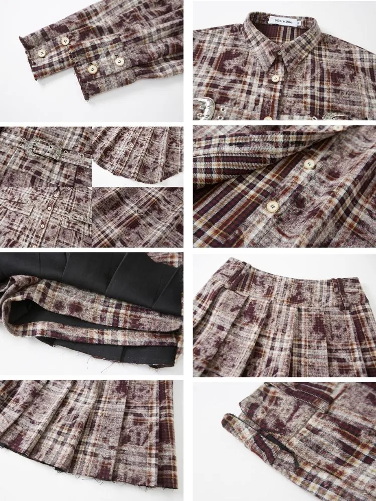Contrast plaid shirt   pleated skirt【s0000003967】