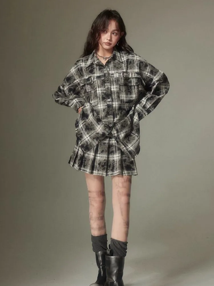 Contrast plaid shirt   pleated skirt【s0000003967】