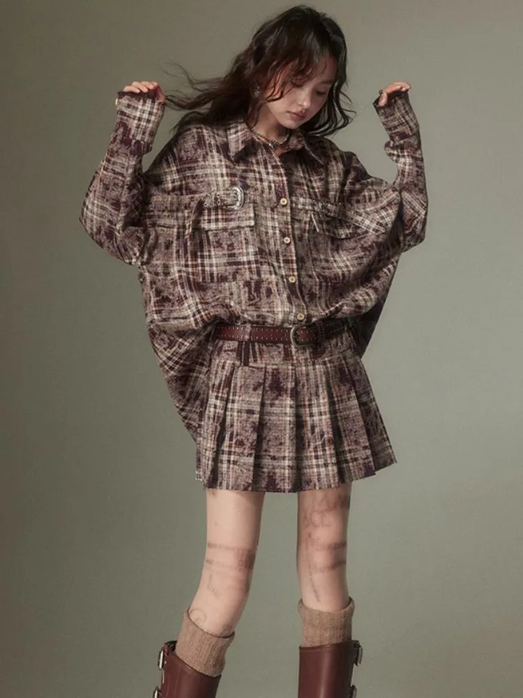 Contrast plaid shirt   pleated skirt【s0000003967】