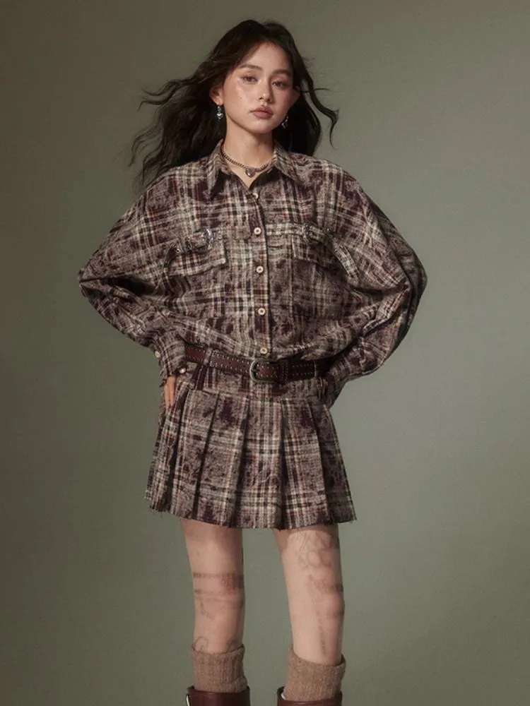 Contrast plaid shirt   pleated skirt【s0000003967】