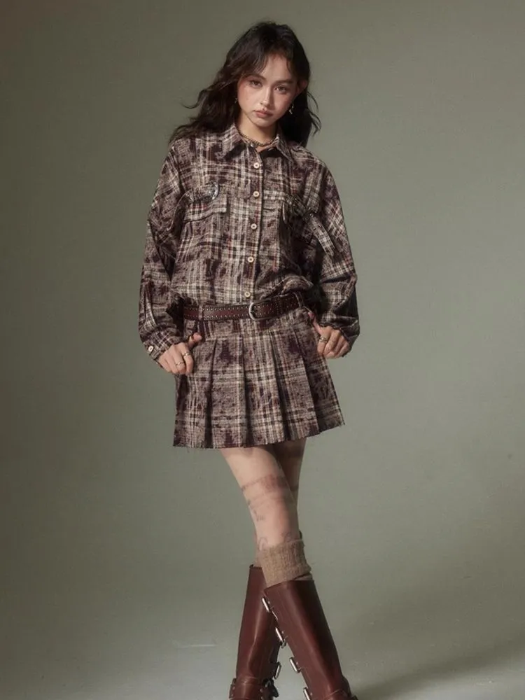 Contrast plaid shirt   pleated skirt【s0000003967】