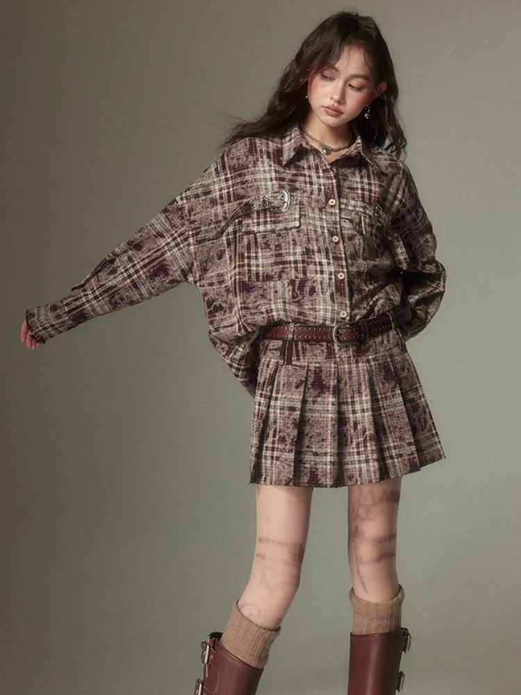 Contrast plaid shirt   pleated skirt【s0000003967】