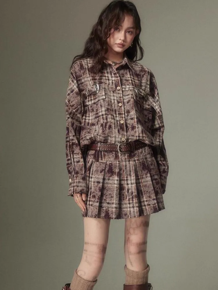Contrast plaid shirt   pleated skirt【s0000003967】