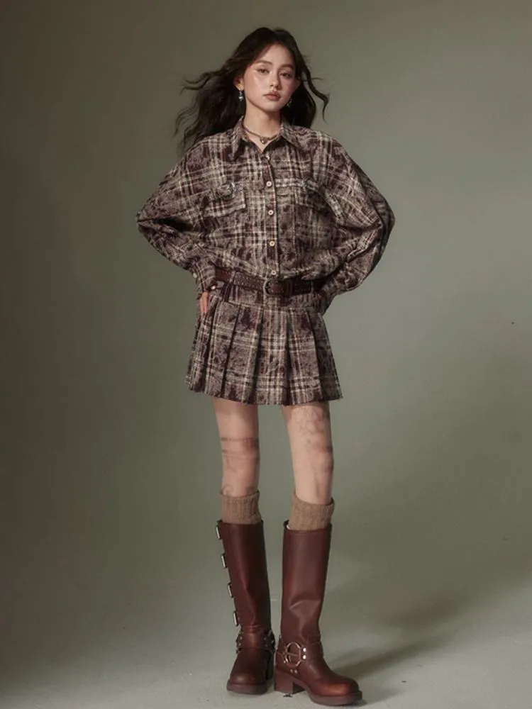 Contrast plaid shirt   pleated skirt【s0000003967】