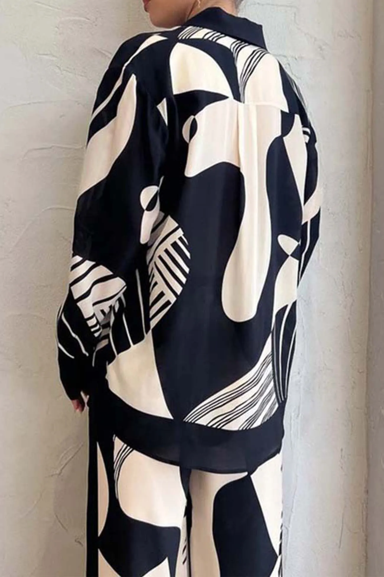 Contrast Printed Button Wide Leg Pants Two-piece Set