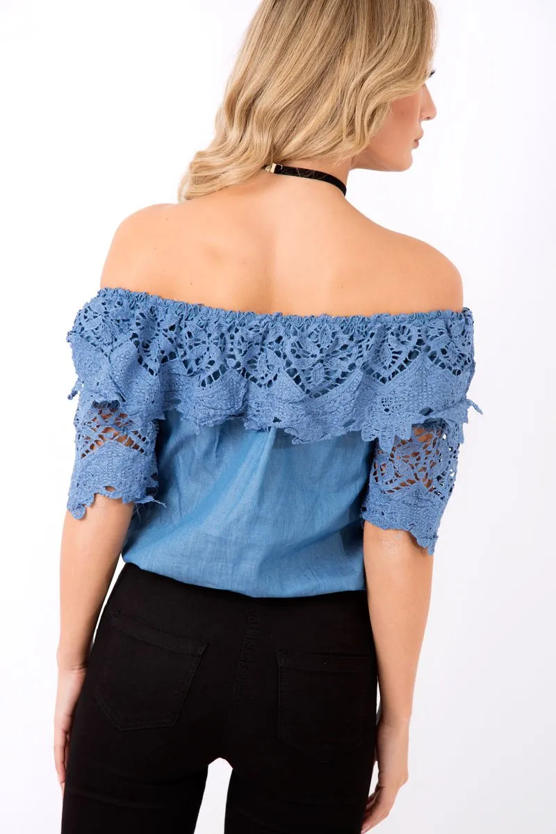 Dark Denim Bardot Crochet Top - Carley