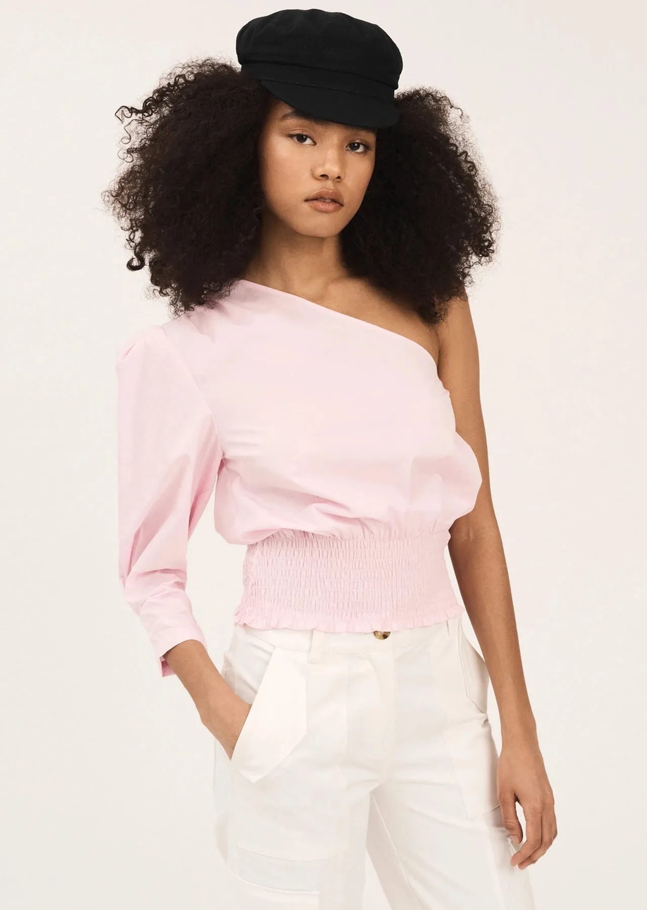 Derek Lam 10 Crosby - Fargo One Shoulder Smock Waist Blouse in Soft Pink