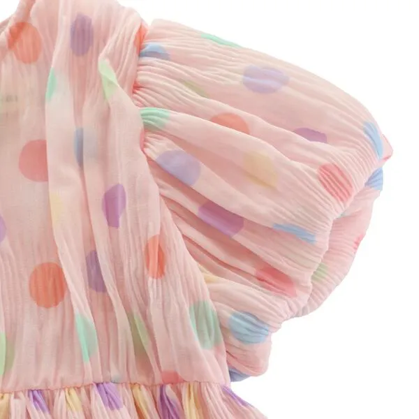 Dot Chiffon Pleat Dress - Pink