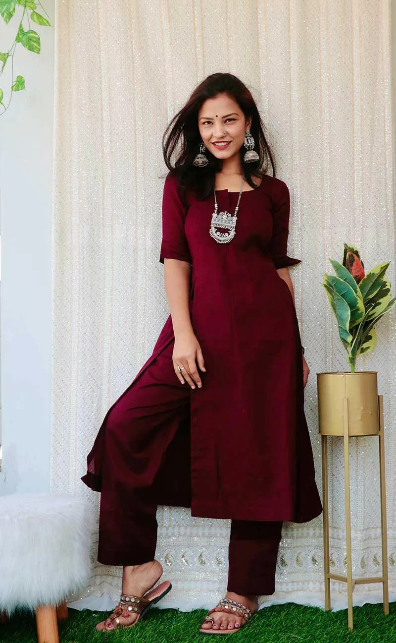 GRANITA WINE JUTE COTTON KURTA SET