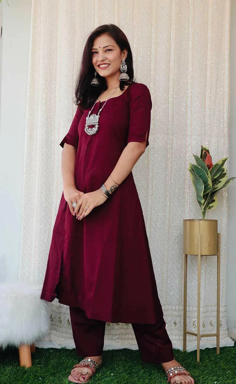 GRANITA WINE JUTE COTTON KURTA SET