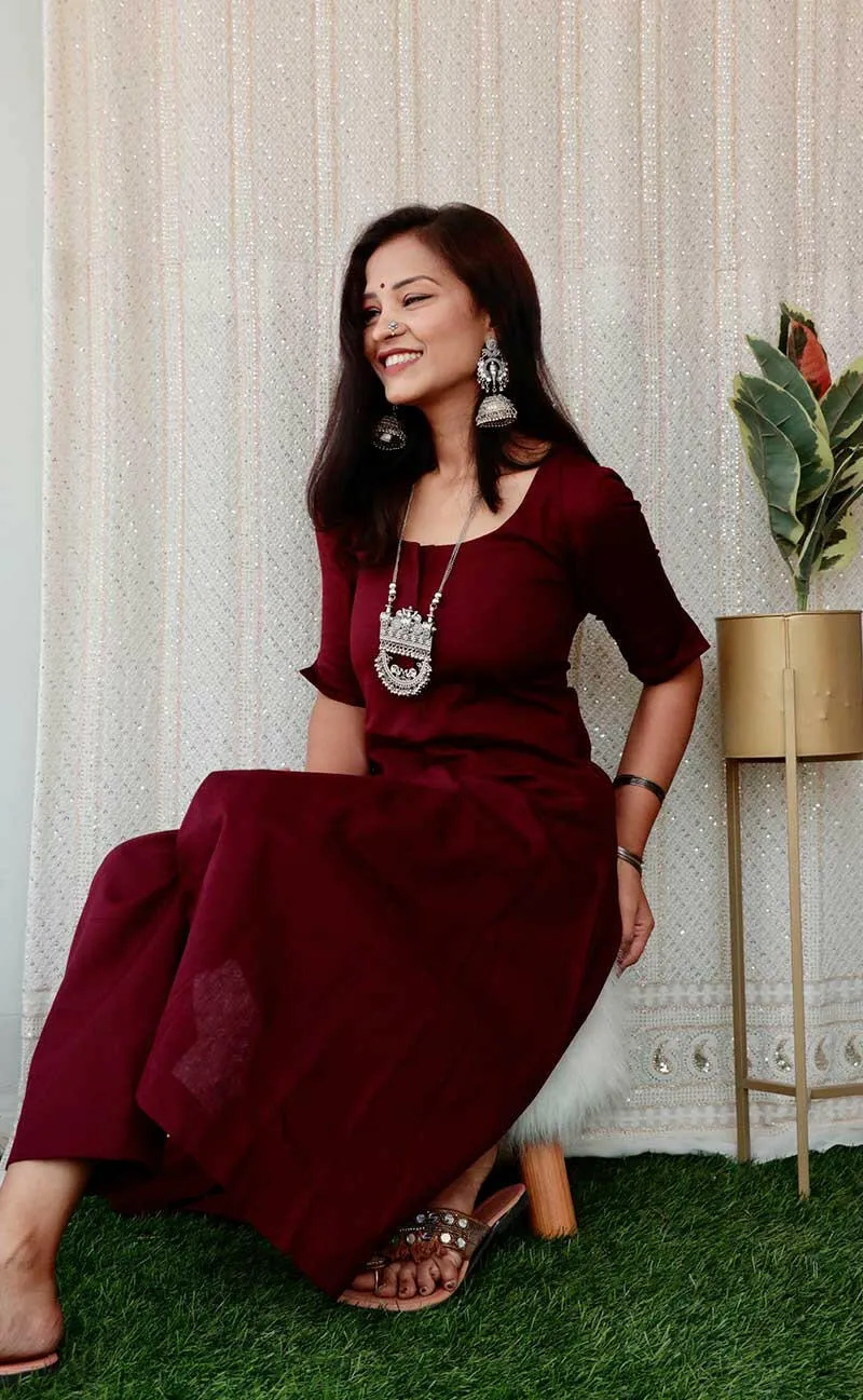 GRANITA WINE JUTE COTTON KURTA SET
