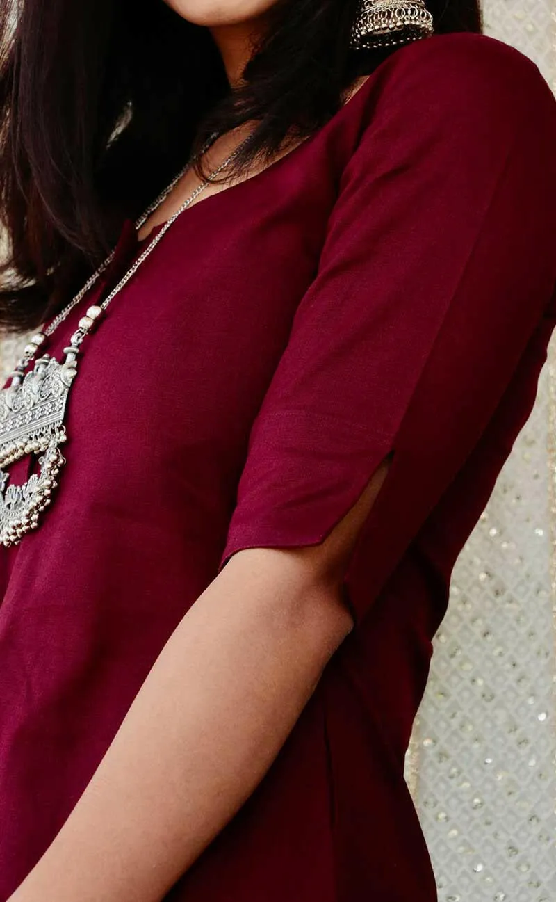 GRANITA WINE JUTE COTTON KURTA SET