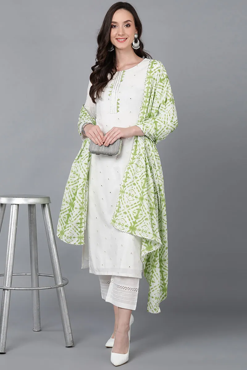 Green Rayon Blend Solid Embroidered Straight Suit Set