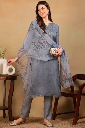 Grey Organza Floral Embroidered Straight Regular Suit Set