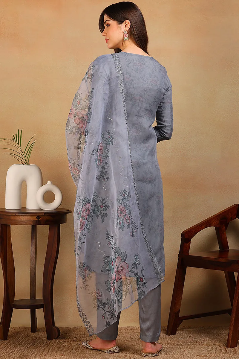 Grey Organza Floral Embroidered Straight Regular Suit Set