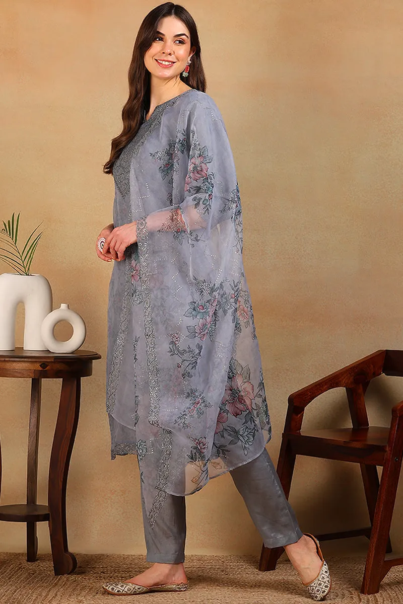Grey Organza Floral Embroidered Straight Regular Suit Set