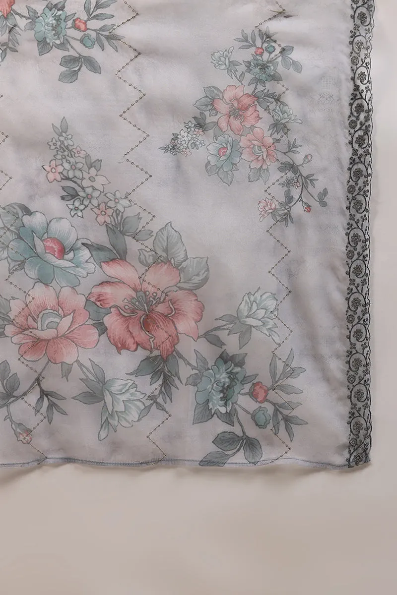 Grey Organza Floral Embroidered Straight Regular Suit Set