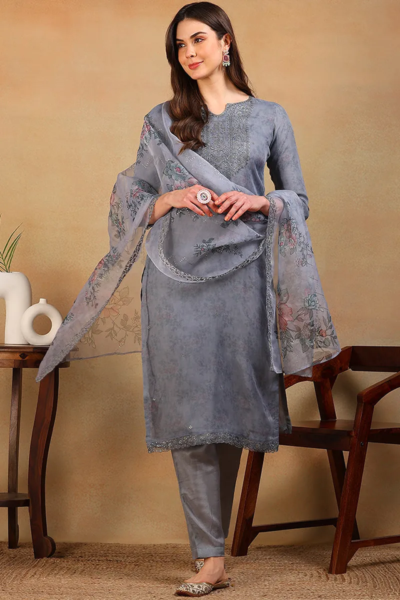 Grey Organza Floral Embroidered Straight Regular Suit Set