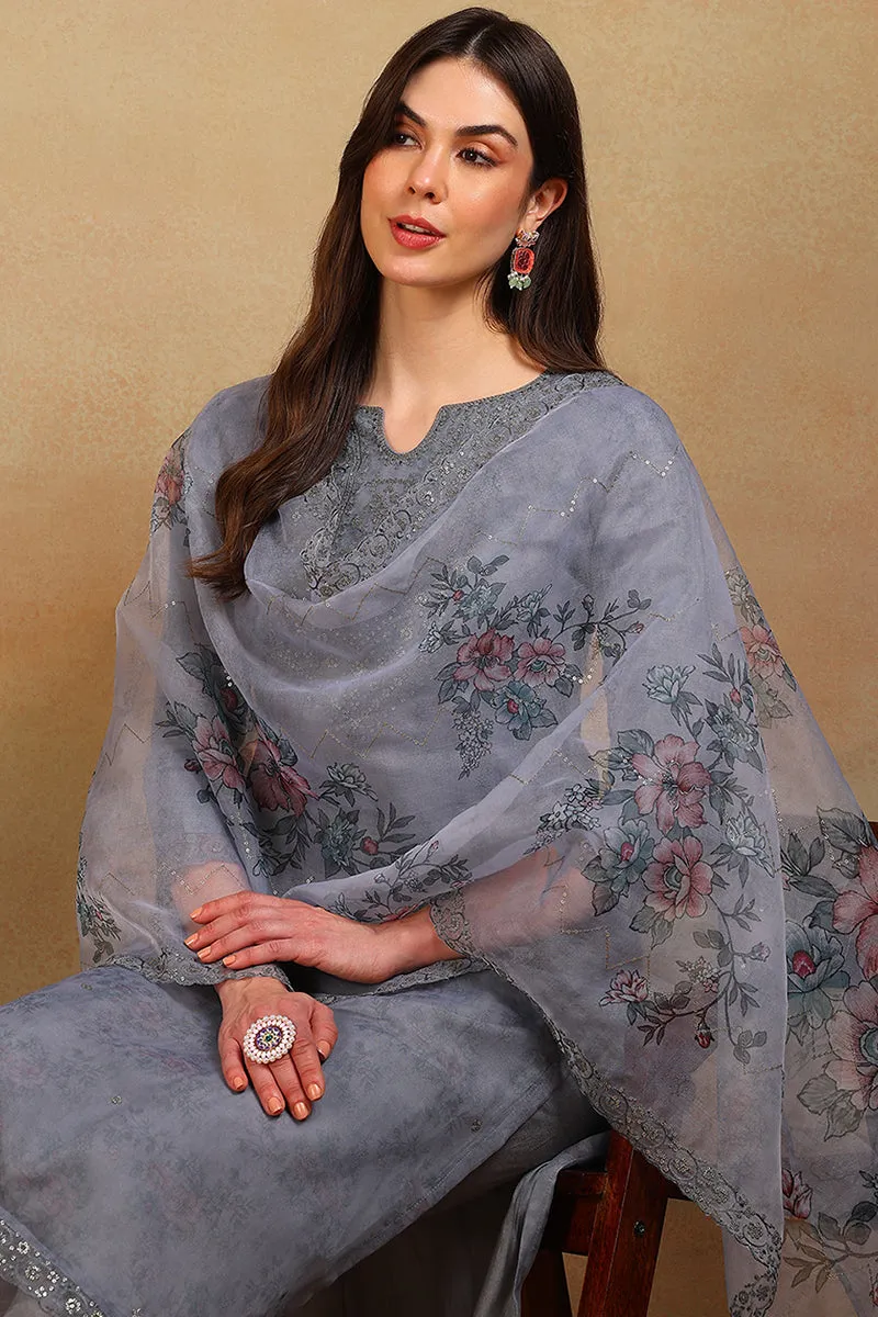 Grey Organza Floral Embroidered Straight Regular Suit Set