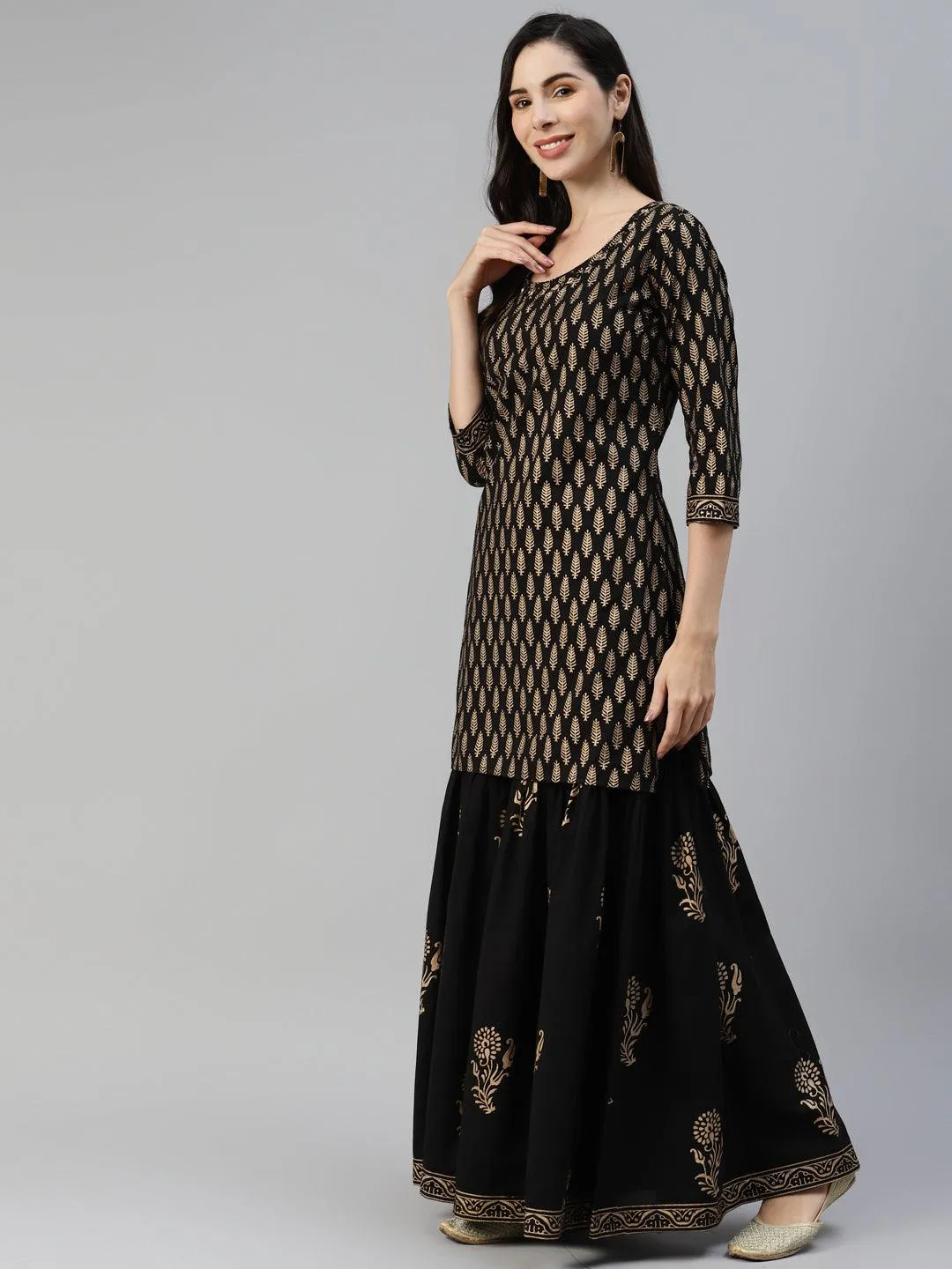 Jashvi Black Gold Printed Cotton Kurta Sharara Set with Dupatta
