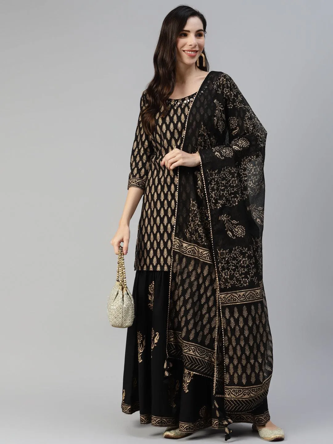 Jashvi Black Gold Printed Cotton Kurta Sharara Set with Dupatta