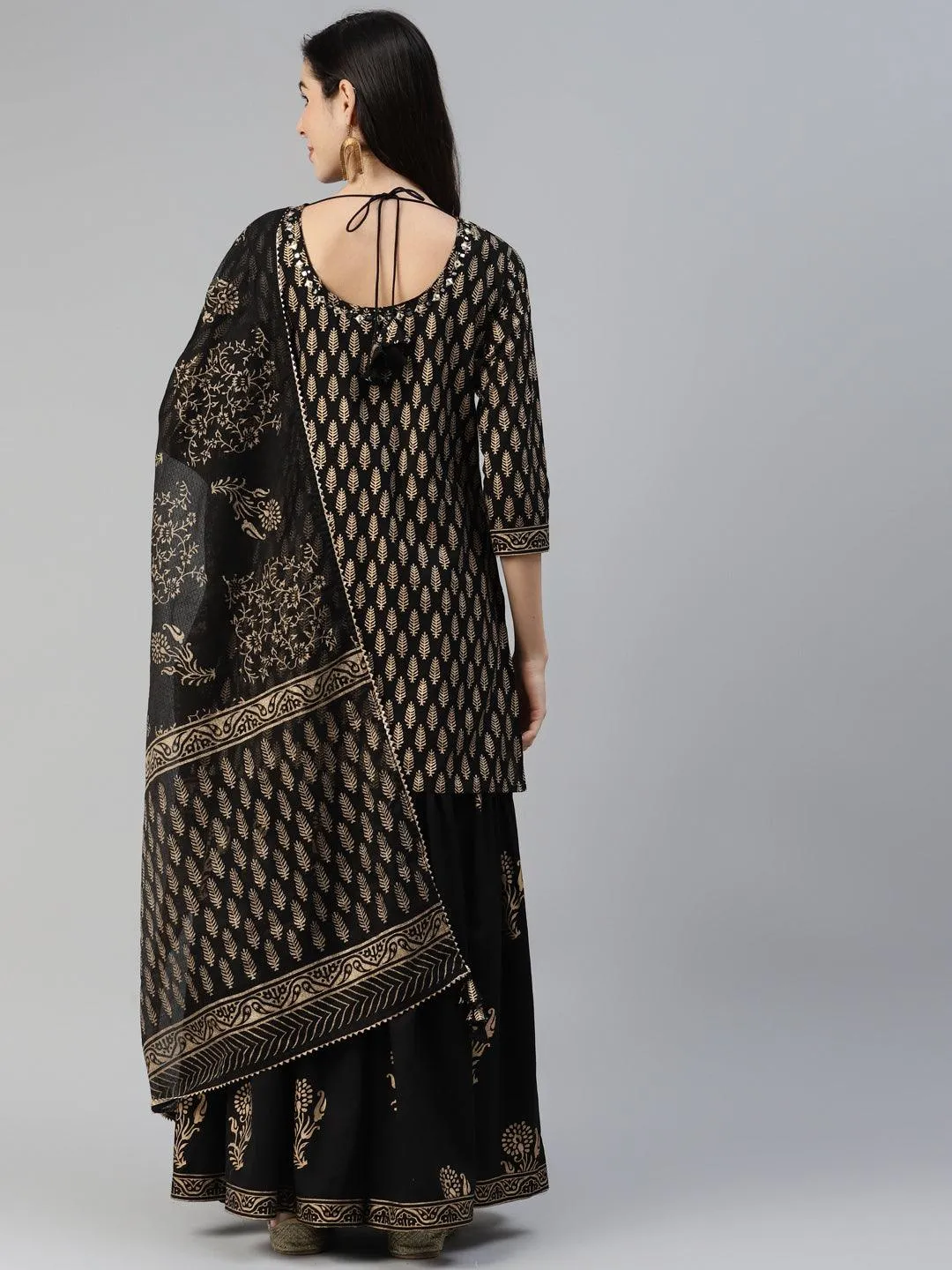 Jashvi Black Gold Printed Cotton Kurta Sharara Set with Dupatta