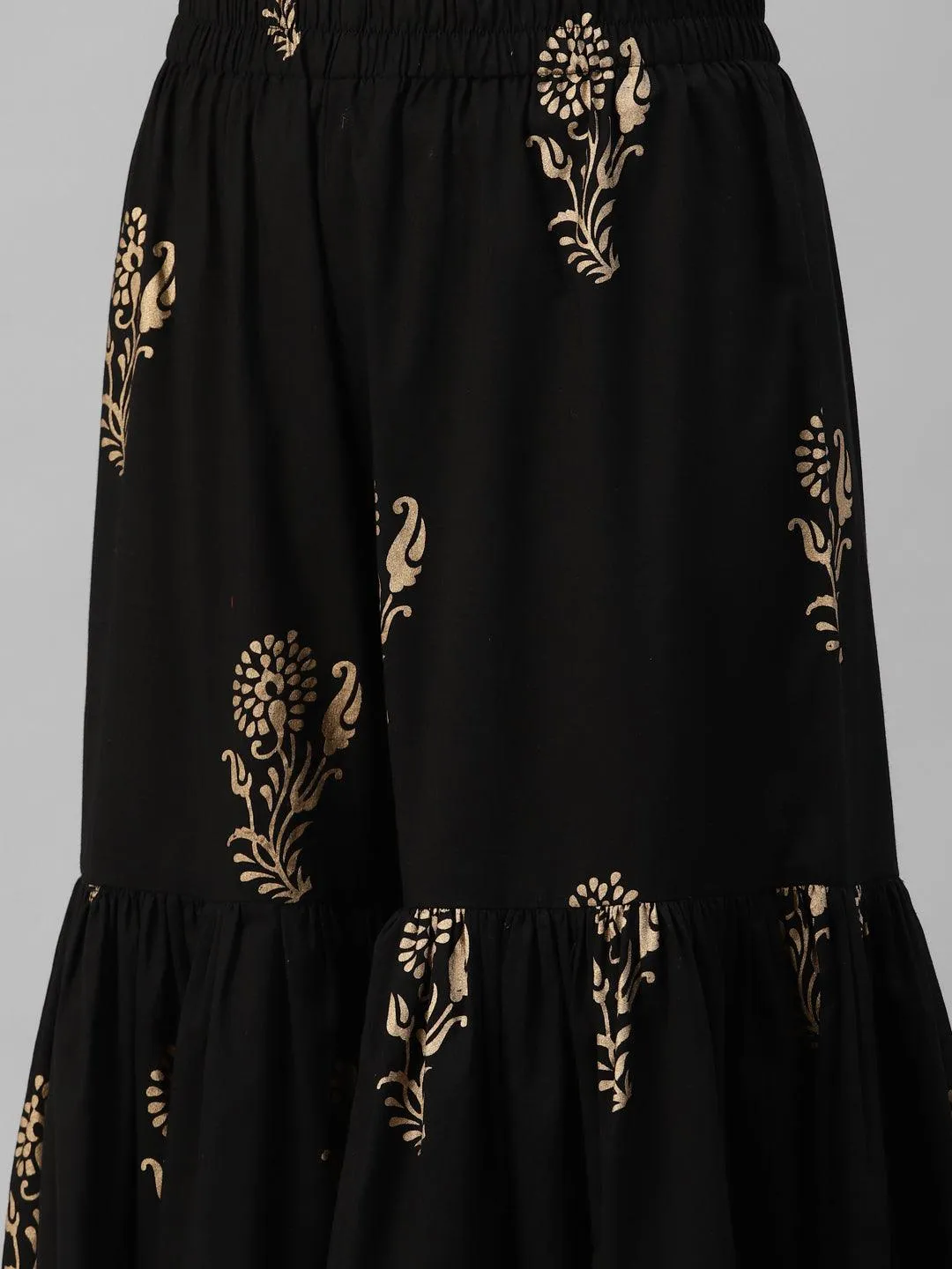 Jashvi Black Gold Printed Cotton Kurta Sharara Set with Dupatta