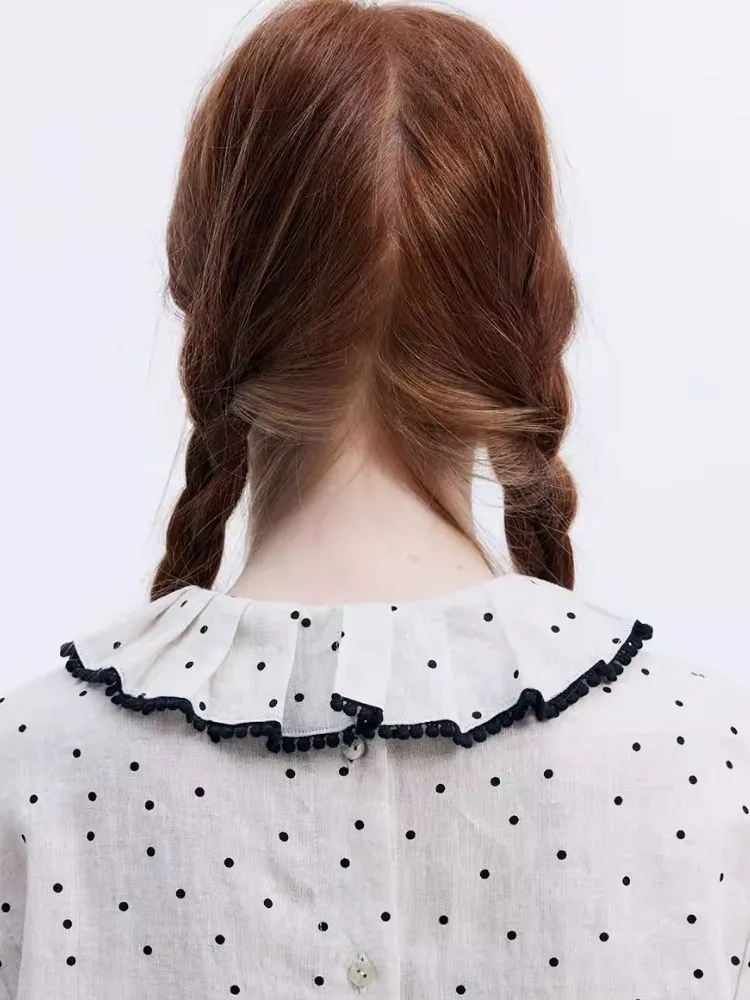 Lace lapel linen polka dot shirt【s0000007946】