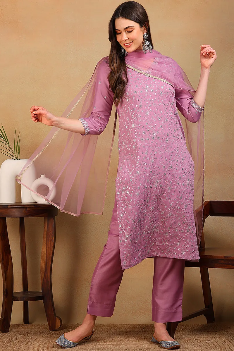 Lavender Silk Blend Solid Embroidered Straight Suit Set