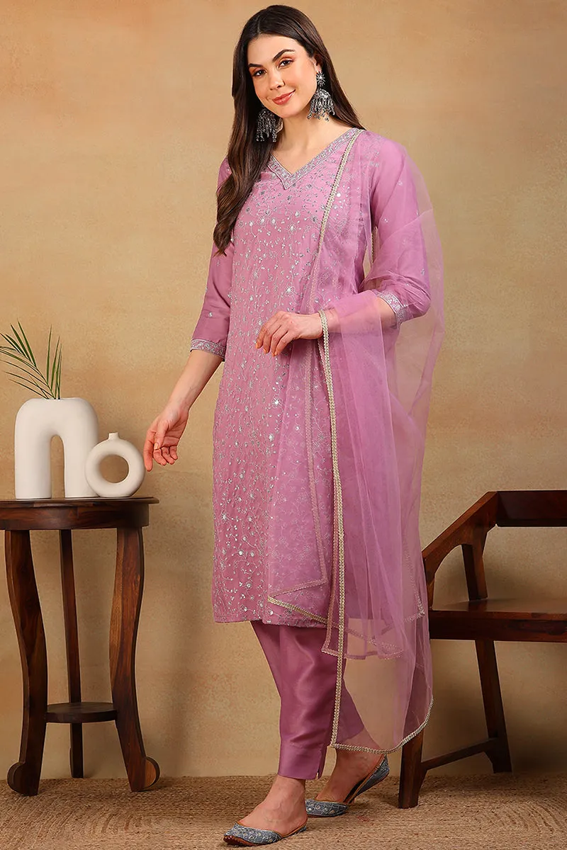 Lavender Silk Blend Solid Embroidered Straight Suit Set