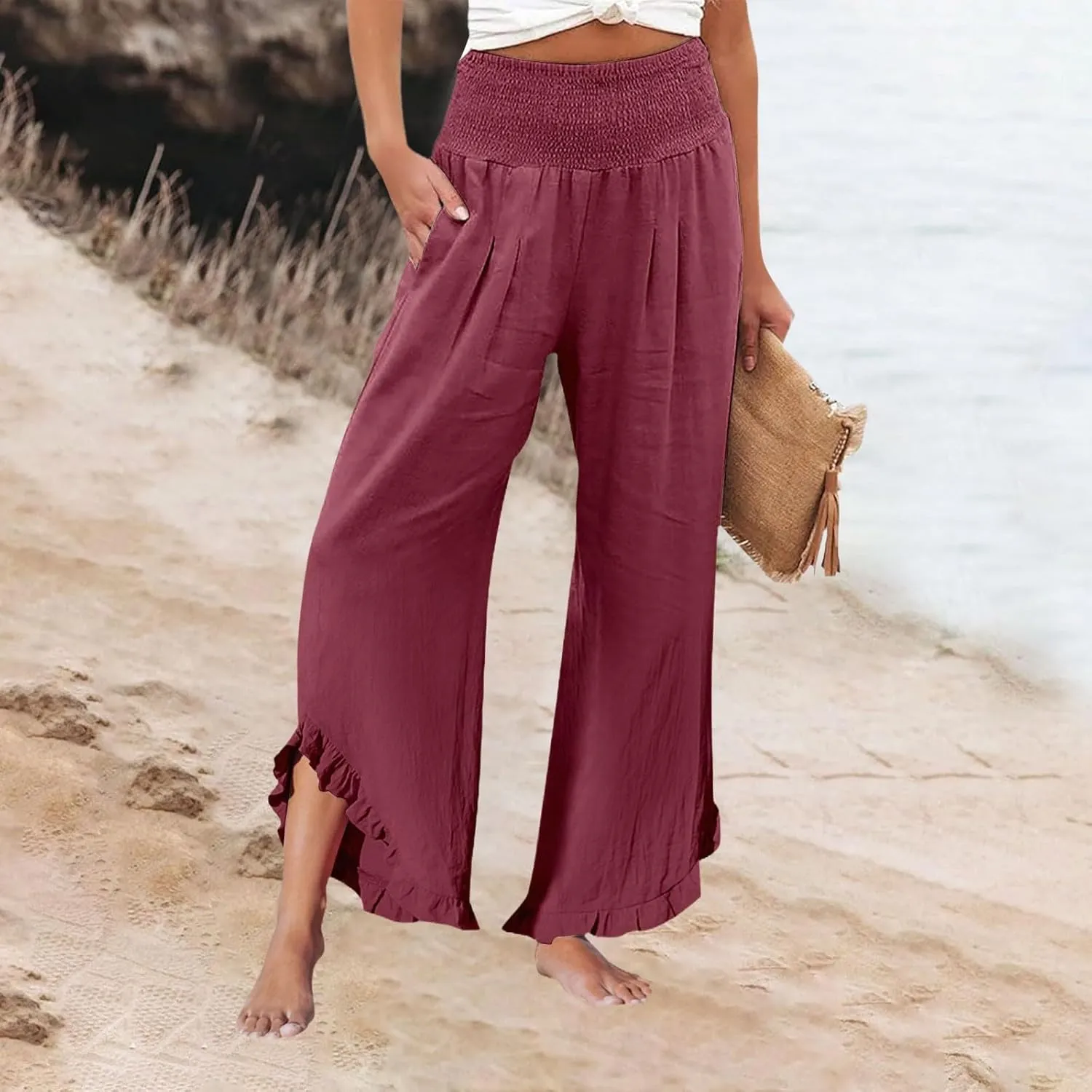 Linen Pants Women Summer Boho Wide Leg High Waist Lounge Palazzo Pant 2025 Casual Beach Vacation Outfits